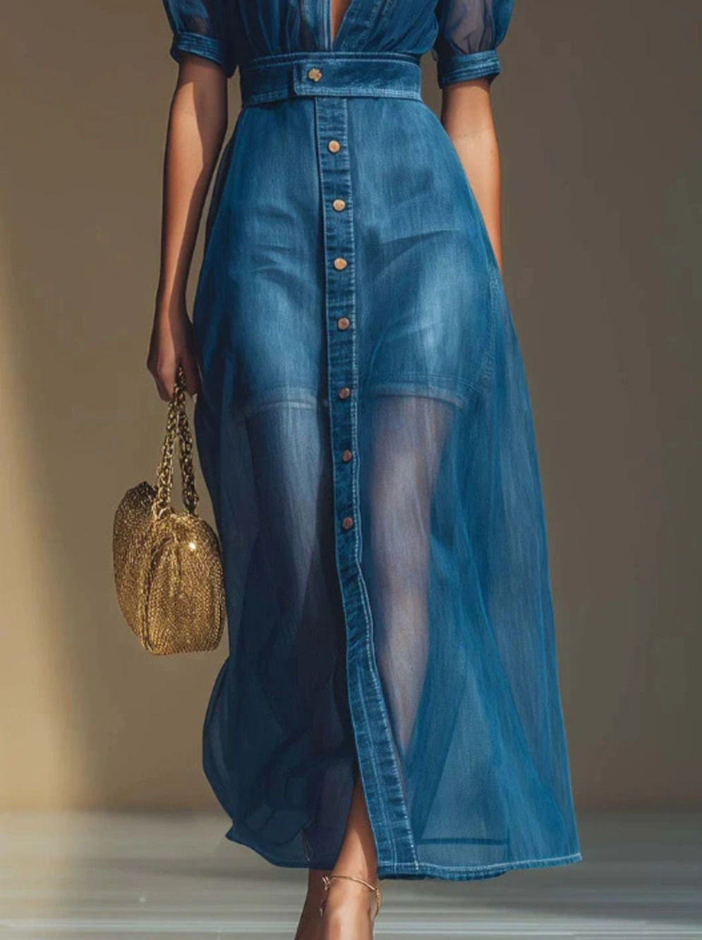 Chic Button Front Collar Short Sleeve Jacket Organza Blue Faux Denim Long Skirt